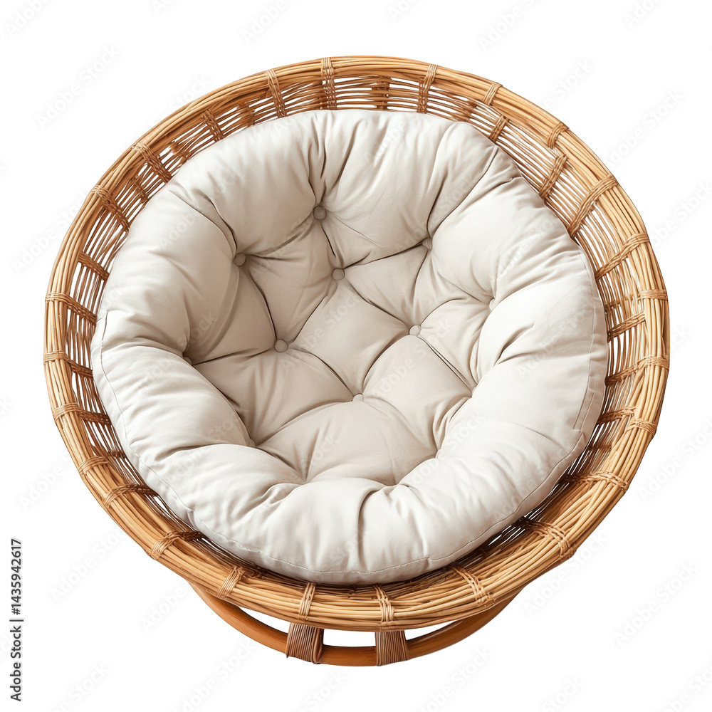 Poster round. woven rattan chair with a plush. tufted cushion in a neutral color. designed for comfort and 