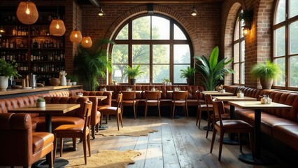 Naklejka premium A sunlit interior of a stylish restaurant with leather booths, wooden tables, and lush potted plants, creating a warm and inviting atmosphere