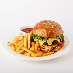 A truly delicious burger served with crispy fries and tangy