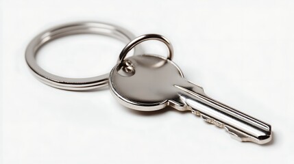 modern home key with ring detail on pure white background suitable for access control marketing or residential keychain mockup scenes