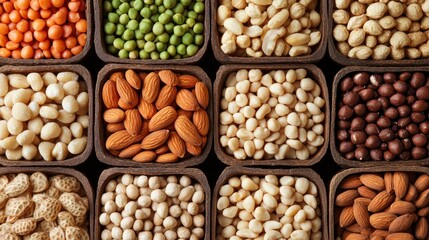 Assortment of Nuts, Seeds, and Legumes in Wooden Bowls