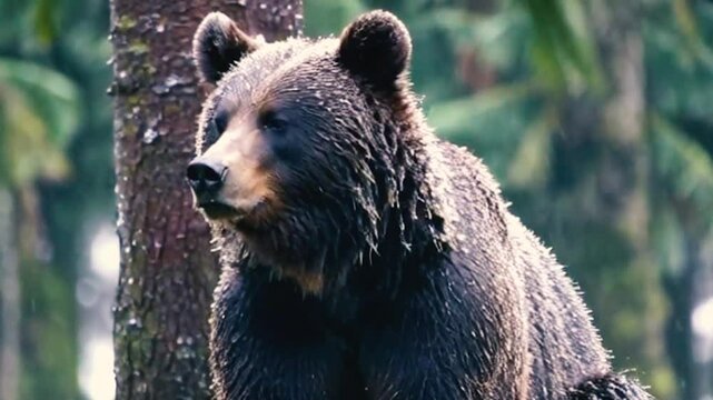 Majestic Brown Bear in Rainy Forest Environment
