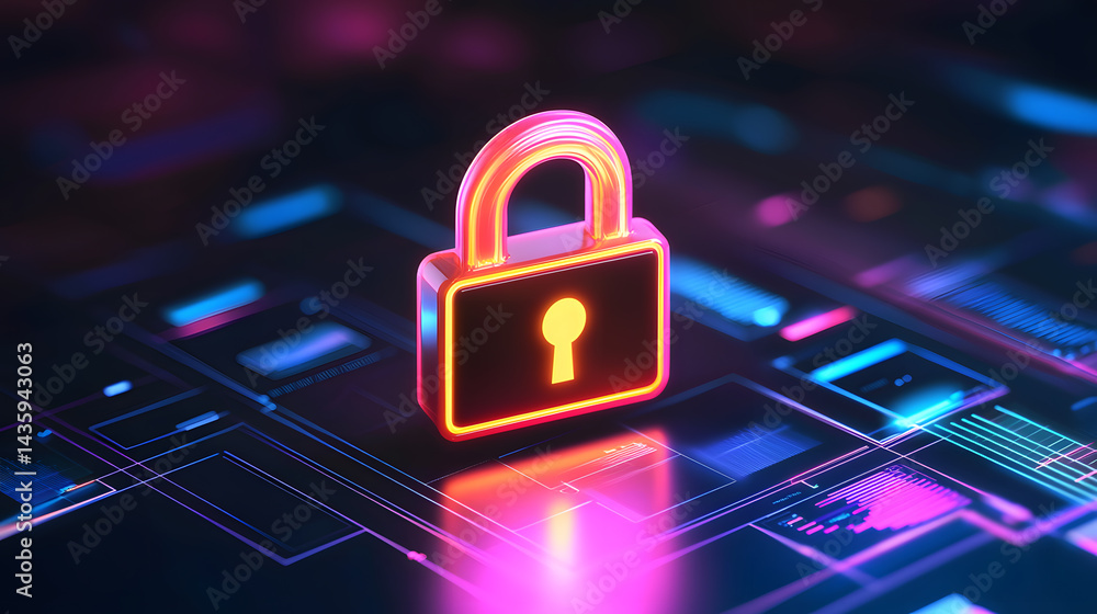 Poster digital lock icon floating in secure cyber environment graphic design futuristic aesthetic high-tech