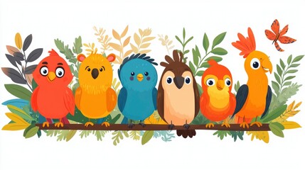 Obraz premium Colorful Birds on a Branch in Lush Tropical Foliage