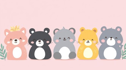 Naklejka premium Adorable Cartoon Animals Row Cute Fox, Bear, Cat, and Hamster Illustration