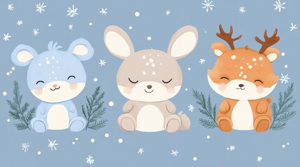 Obraz premium Adorable Winter Animals Bunny, Reindeer, and Mouse Illustration