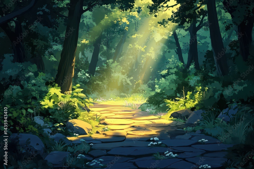 Poster sunlight streams through trees onto a stone path in an enchanting forest. ideal for backgrounds, fan