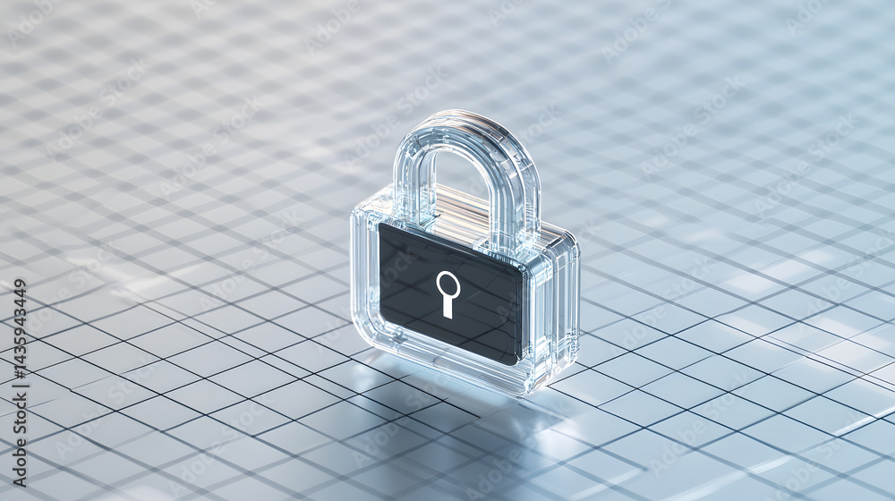 Poster digital lock icon float technology sector photorealistic design secure environment close-up view dat