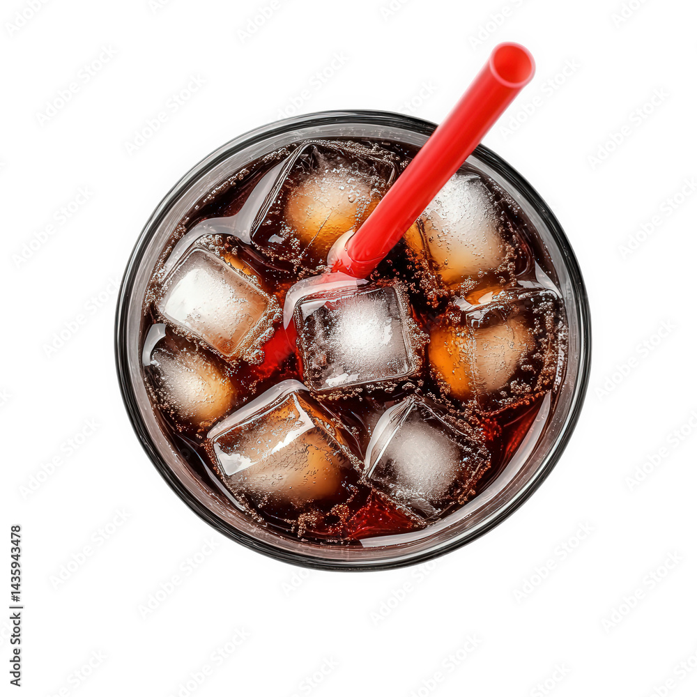 Poster a close-up view of a glass filled with dark soda. ice cubes. and a red straw. set against a white ba