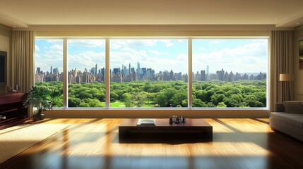 Fototapeta premium Modern condo interior with large windows overlooking a cityscape