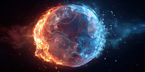 Obraz premium Energy-Powered Planet with Blue and Red Split Glow