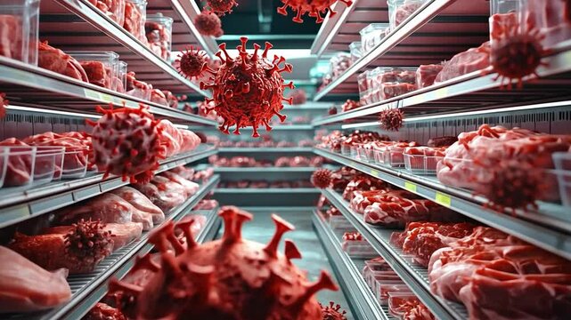 Biohazard at the Butcher: An artistic rendering of meat products tainted by a visible virus, highlighting the risks involved and underscoring the need for safety.