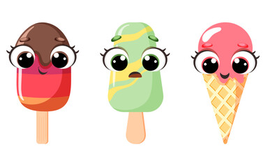 Set of cute Ice cream faces with different emotions, educational flashcards, preschool activities