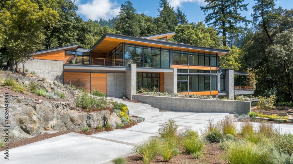 Aufkleber modern housing project built on hilly terrain with tiered structures and retaining walls