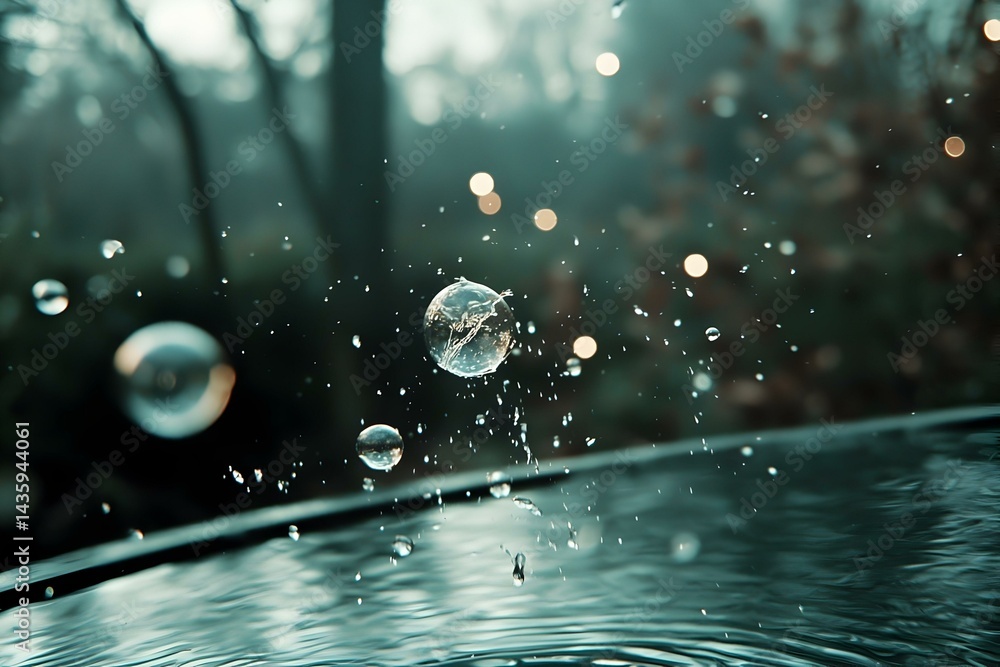 Aufkleber water droplet impact on dark surface, creating splashing effect with blurry bokeh background.