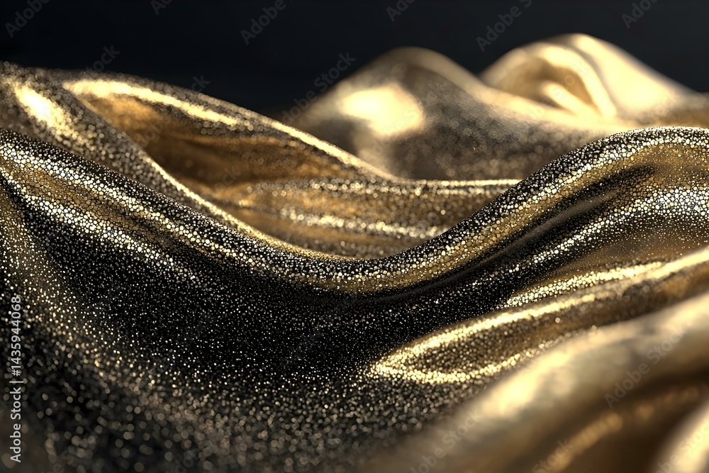 Poster abstract image of shimmering gold fabric. luxurious, elegant texture with soft folds and bokeh effec