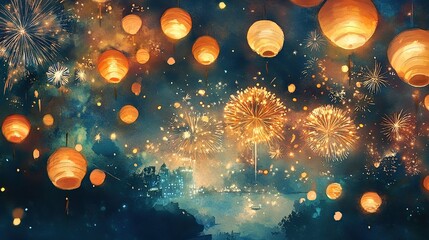 Fototapeta premium A dreamlike watercolor illustration of fireworks and glowing lanterns blending in the night sky.