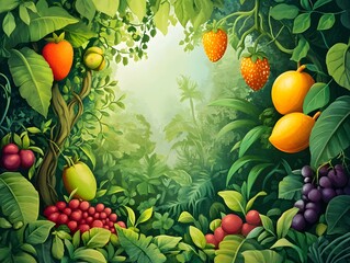 Vibrant Tropical Garden Bounty: Exotic Fruits and Greenery in Lush Jungle Foliage