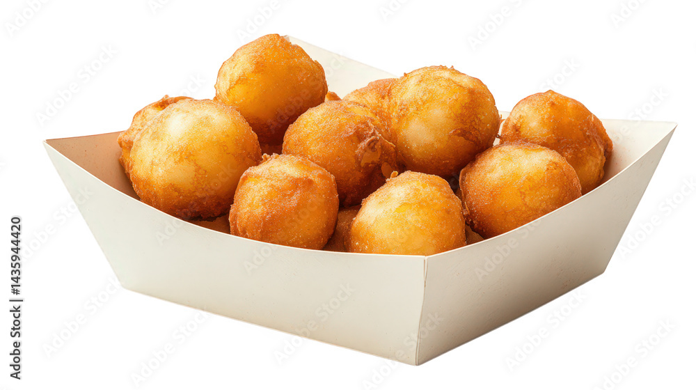 Poster serving of golden-brown fried dough balls arranged in a small. light-colored paper container the dou