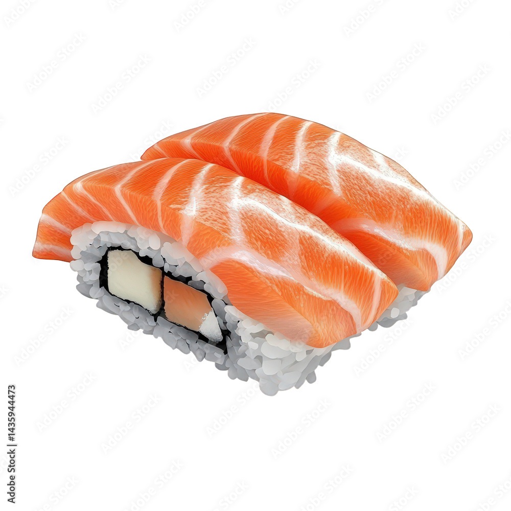 Poster piece of sushi. specifically showcasing two slices of salmon placed over a roll of sushi rice and no