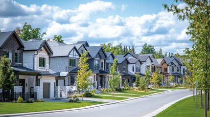 Neighborhood of new homes under blue skies and trimmed lawns