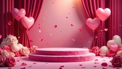 Romantic Celebration  A Two-Tiered Pink Display with Heart Balloons and Roses for a Festive Occasion