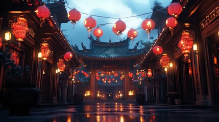 Obraz premium A peaceful temple courtyard illuminated by hanging red lanterns at dusk.