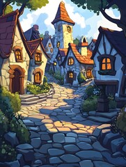 Enchanting Fairytale Village: Whimsical Colorful Houses, Scenic Cobblestone Streets, and Vibrant Cartoon Architecture