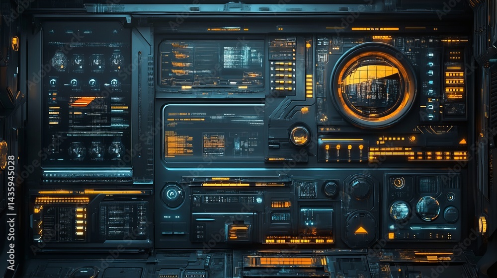 Poster futuristic scifi control panel interface digital technology orange blue neon lights modern user inte