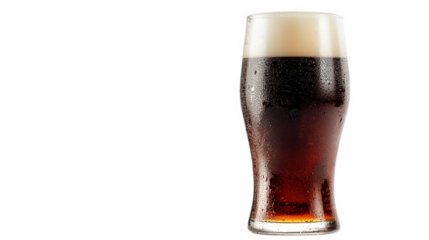 glass of dark. bubbly beverage with a frothy head. showcasing condensation on the outside. indicating it is cold and refreshing this drink is often enjoyed in social settings or as a part of leisure a