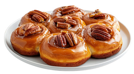 plate of six delicious donuts topped with a glossy caramel glaze and whole pecans. showcasing a tempting dessert option the donuts are golden-brown and fluffy. ideal for a sweet treat or indulgent sna