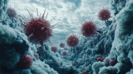 Obraz premium Microscopic View of Viruses in a Cellular Landscape Under a Cloudy Sky