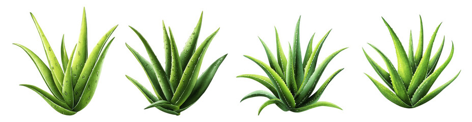 Fototapeta premium Four Vibrant Green Aloe Vera Plants with Detailed Leaves on Transparent Background