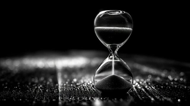 Dramatic hourglass with sand pouring, set against a reflective dark surface and background in black and white, conveying time passage concept.
