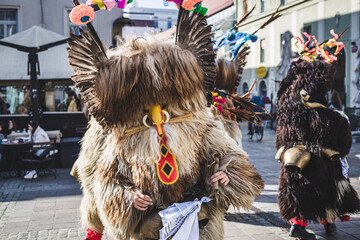A kurent with his mask on carnival in Slovenia. It's a traditional costume for people to wear in spring. The korant is in our culture