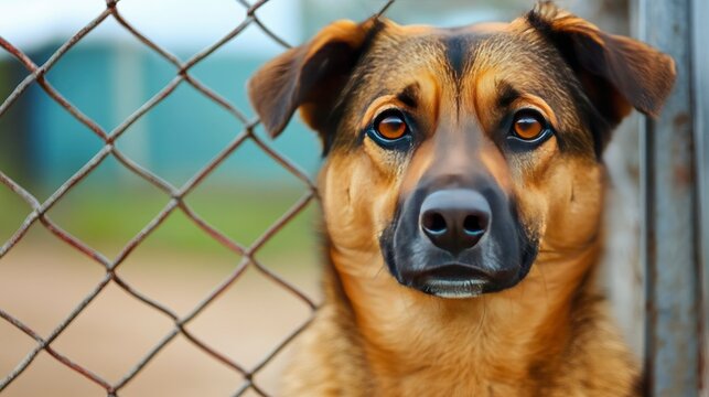 Sad Dog Behind Chain Link Fence at Animal Shelter