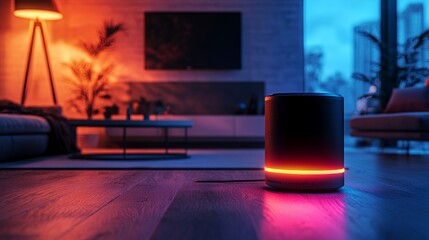 Modern smart speaker in a cozy, dimly lit living room ambience.