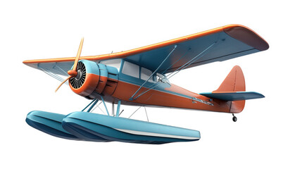 vintage biplane with a striking orange and blue color scheme. designed for water landings with its floatation devices it showcases a classic aviation style. highlighting the beauty and nostalgia of ea