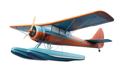 vintage biplane with a striking orange and blue color scheme. designed for water landings with its floatation devices it showcases a classic aviation style. highlighting the beauty and nostalgia of ea
