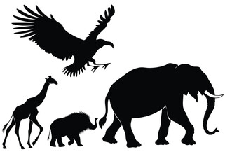 Wild Animal Silhouettes | Eagle, Elephant, Giraffe, Boar Clipart Vector