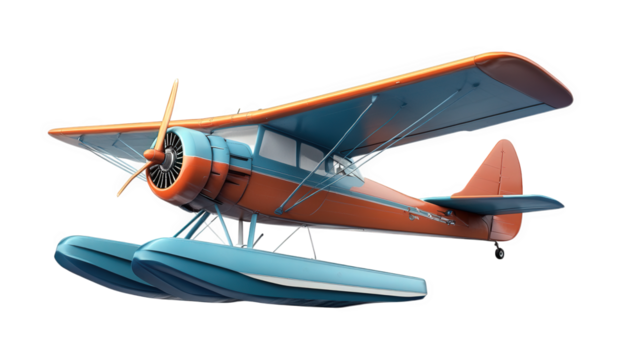 vintage biplane with a striking orange and blue color scheme. designed for water landings with its floatation devices it showcases a classic aviation style. highlighting the beauty and nostalgia of ea