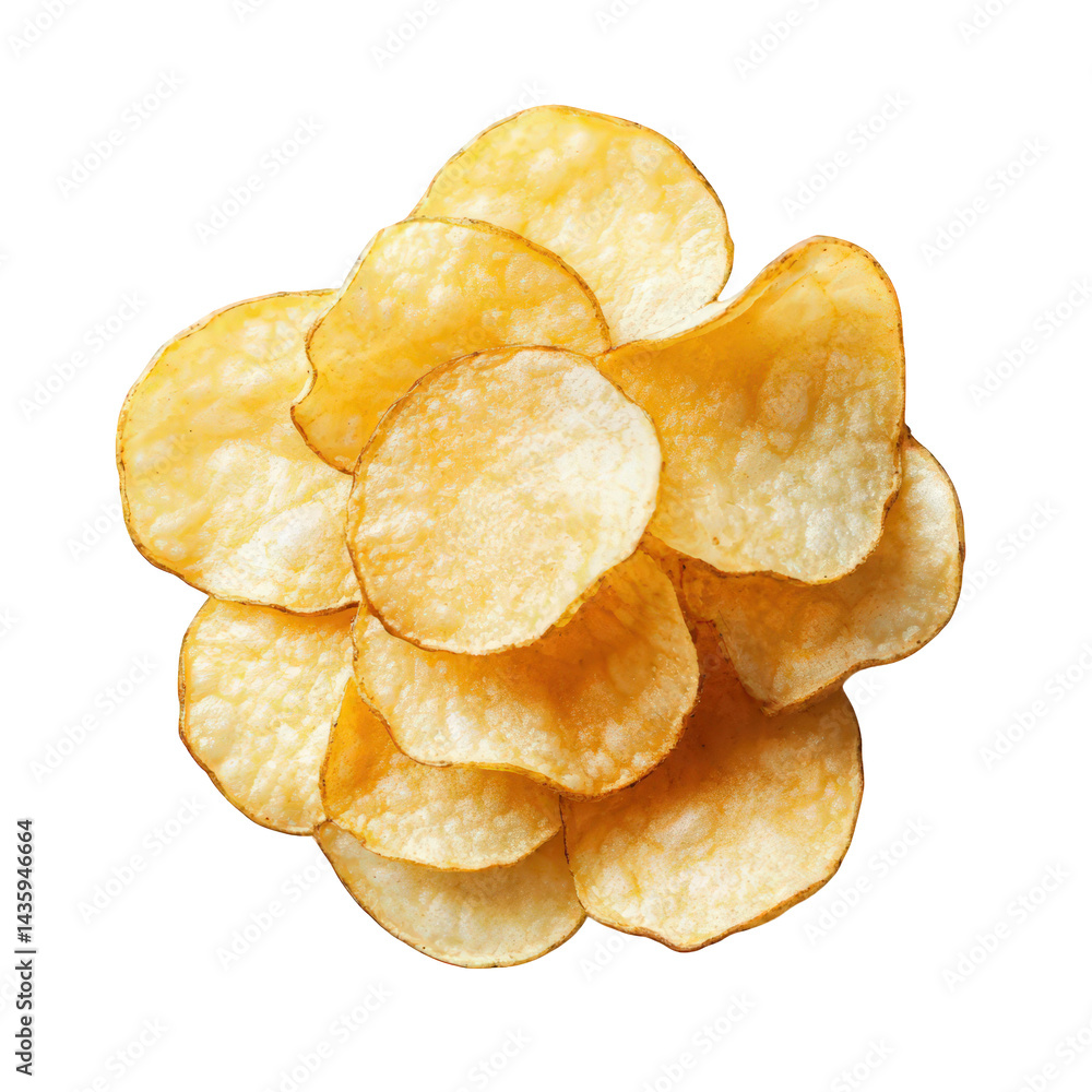 Poster a pile of golden. crispy potato chips arranged in an overlapping manner. highlighting their texture 