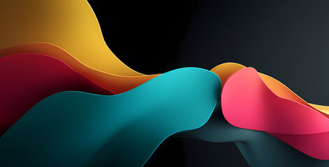 Abstract, fluid, and colorful shapes in the dark, a 3D rendering illustration on a black background with space for text or design. Generative AI