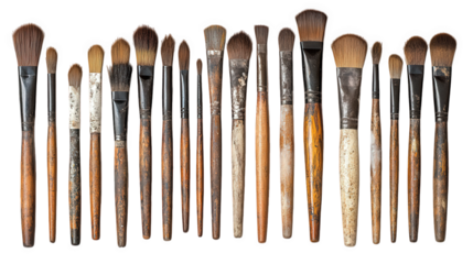 a collection of various makeup brushes arranged in a neat row the brushes vary in size and shape. displaying different bristle types and handle designs. suggesting they are used for applying makeup th