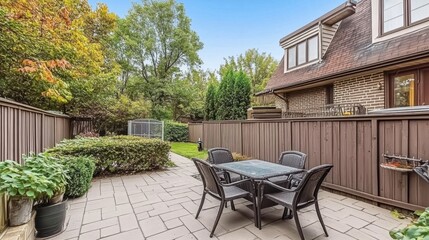 Obraz premium Private patio space of condo unit with garden furniture and privacy fencing