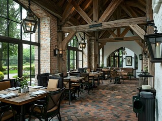 Naklejka premium Rustic restaurant interior with wooden beams, brick walls, large windows, and antique lanterns. Tables and chairs are set for dining.