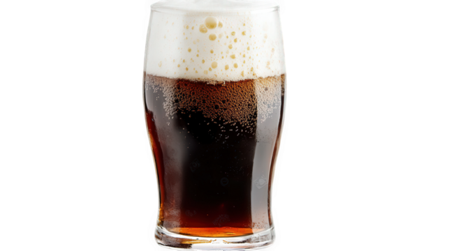 glass filled with a dark. frothy beverage. likely beer. showcasing bubbles and a creamy head the glass is clear. allowing the rich color of the drink to be visible. emphasizing its refreshing appearan
