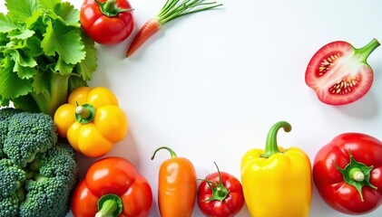 Overhead shot of fresh vegetables on white backdrop , farm fresh, colorful food, agriculture