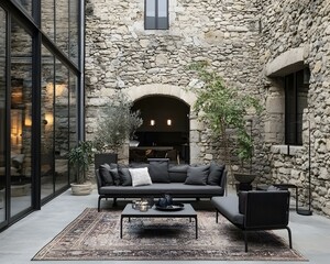 Modern outdoor furniture set on a patio within a stone courtyard.  Stylish lounge seating with a rug and plants.