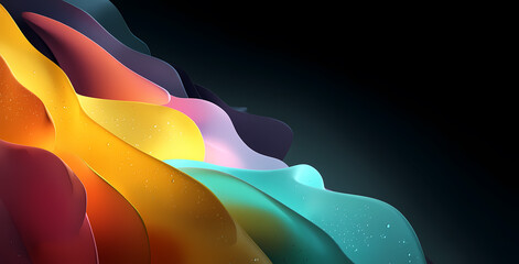 Abstract, fluid, and colorful shapes in the dark, a 3D rendering illustration on a black background with space for text or design. Generative AI